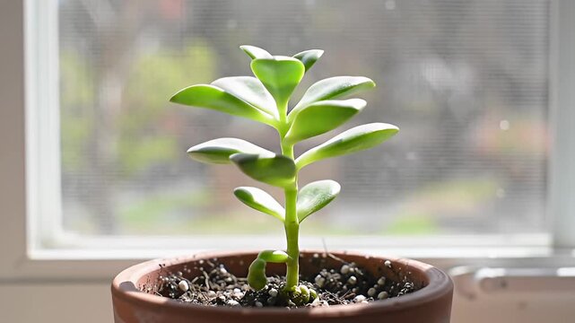 Green succulent growing in a terracotta pot against a bright window background