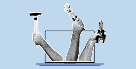Handyman services. Human hand in dotted pop art style. Retro halftone collage elements pliers, wrench, hammer tools and laptop on blue background. Repairing Service App banner with copy space
