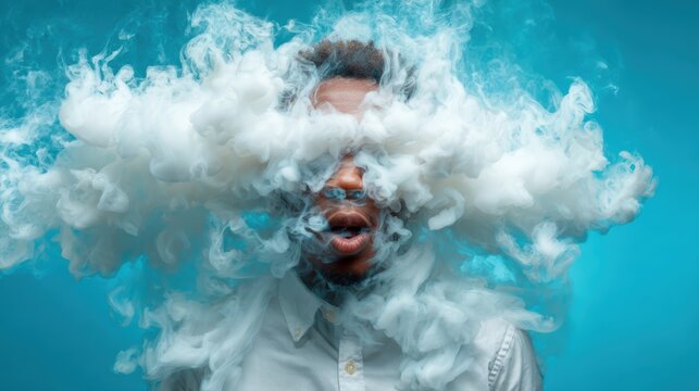 A striking portrait of an individual with a misty cloud surrounding their head, evoking feelings of mystery and introspection against a vibrant blue background. - Powered by Adobe