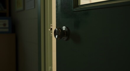 Dark Green Door Slightly Open with Brass Doorknob in Dimly Lit Room