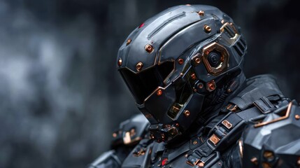 Fototapeta premium A close-up view of a futuristic soldier's helmet showcases intricate details and technological elements that reflect strength, innovation, and the mysteries of combat warfare.
