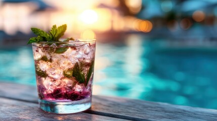 A beautifully arranged cocktail sits by the poolside, capturing the tranquil essence of summer evenings, ideal for relaxation and social gatherings in warm weather.