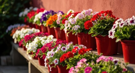 Colorful flower pots in rows against a reddish wall