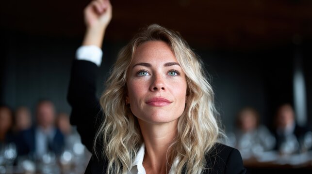 A confident woman with curly blonde hair raises her hand to contribute during a discussion, embodying empowerment and engagement in a professional setting.