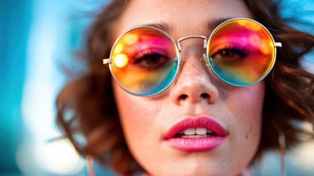 A vibrant close-up of a young woman wearing colorful sunglasses, highlighting her playful spirit and confidence in a trendy urban setting with a lively atmosphere.