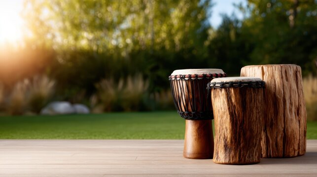 A captivating display of traditional drums set in natural light, showcasing unique craftsmanship and cultural heritage, beautifully arranged on a wooden surface outdoors.