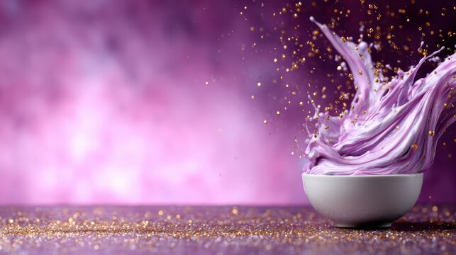 A dynamic splash of purple liquid emerges from a white bowl, beautifully intertwined with golden sparkles against a dreamy purple background, representing creativity and energy.