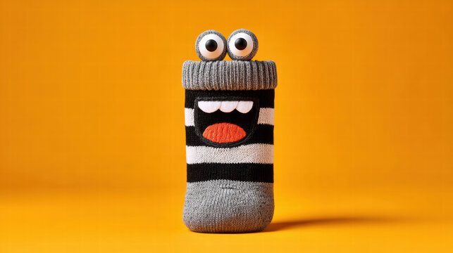 Silly monster sock puppet with googly eyes and striped knit pattern smiling on orange background, playful cheerful toy photography