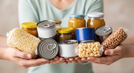 A person's hands holding a variety of non-perishable food donations, including canned goods, jars, and legumes, for a food drive.