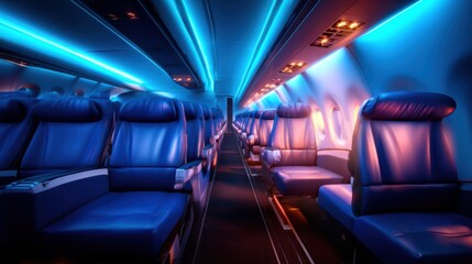 An ultra-stylish airplane cabin interior bathed in neon hues creates a captivating visual experience, embodying the future of travel and luxury in aviation.