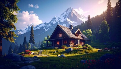 Fototapeta premium The cabin stands as a testament to nature's beauty. 