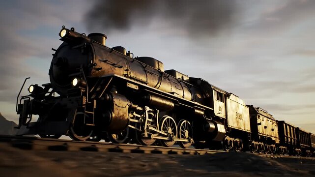 Antique train travels on rails at sunset, smoke billowing into the orange sky