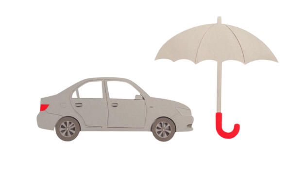 Sedan car beside a large umbrella with a red curved handle, symbolizing vehicle protection.