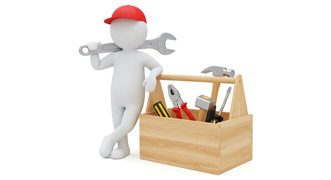 3d white man character with tools and toolbox