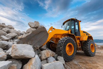 Obraz premium A yellow construction vehicle is digging into a pile of rocks