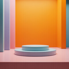 Modern abstract podium display with vibrant color blocking for product showcase