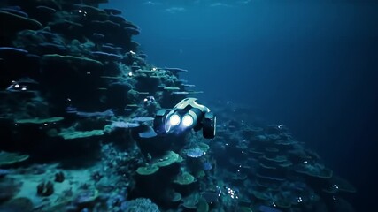 Underwater exploration vehicle navigates along a vibrant coral reef ecosystem