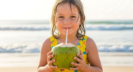 Happy Child Enjoying Coconut Water on Sunny Tropical Beach, Summer Fun and Innocence