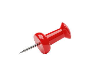 Isolated red push pin with silver needle on neutral setting, ready to tack information