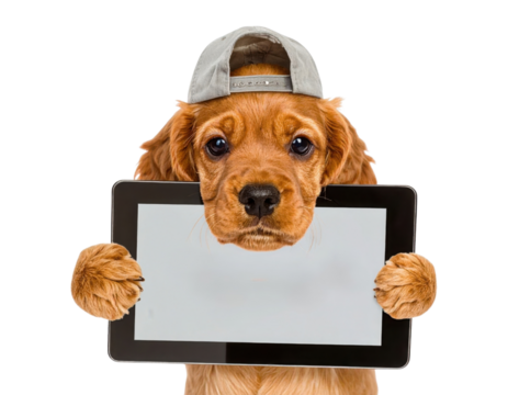 Brown cocker spaniel puppy wearing a backward baseball cap, holding a tablet with its paws and gazing directly forward.