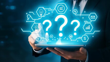 Hand Tablet Question Marks Icons Digital Network Business Technology Query - Powered by Adobe