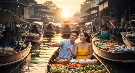 Obraz premium Couple on a longtail boat in a bustling Asian market. Sunlight streams through the scene