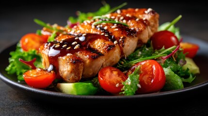 A beautifully arranged plate of grilled salmon atop a colorful salad with fresh ingredients, displaying vibrant colors and textures that entice the palate.