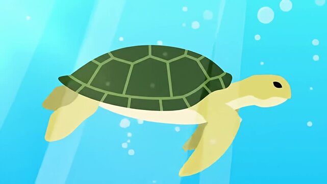 Cartoon sea turtle swims against a blue underwater backdrop with rising bubbles