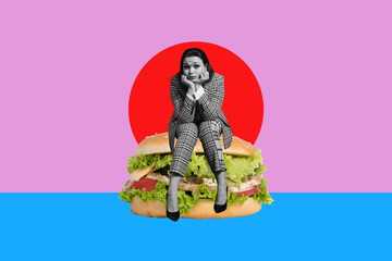 Collage of cheerful person sitting on giant sandwich promoting fast food lifestyle burger restaurant advertising concept