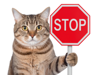 Tabby cat holding a red stop sign with its paw, staring directly ahead.