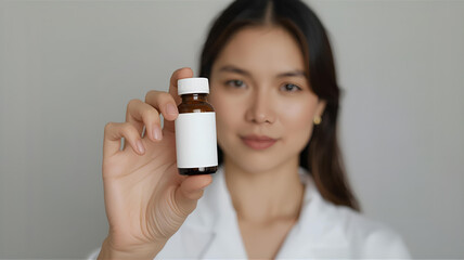 Female Model Holding Blank Medicine Bottle, Pharmacy Product Mockup, Neutral Pose, Indoor Studio, Medical Lifestyle
