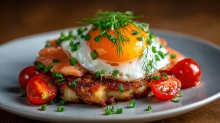 A mouth-watering dish featuring a perfectly cooked fried egg topped with fresh dill and cherry tomatoes, beautifully plated to showcase gourmet culinary presentation.