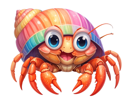Smiling Hermit Crab Cartoon with Colorful Shell, Front View, Isolated Transparent Background PNG - Powered by Adobe