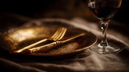 Obraz premium Elegant fine dining table setting with golden utensils and wine glass
