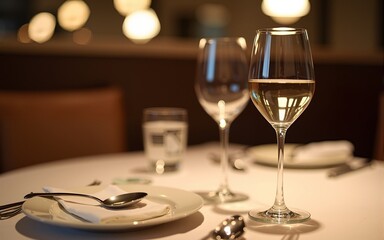 glass wine on table.restaurant glass of water on table / dish and spoon. High quality