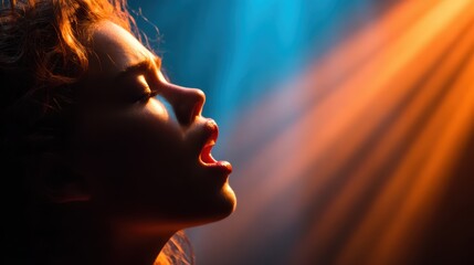 An artistic profile of a woman with curly hair highlighted against dramatic lighting, capturing a moment of emotional expression and introspection.