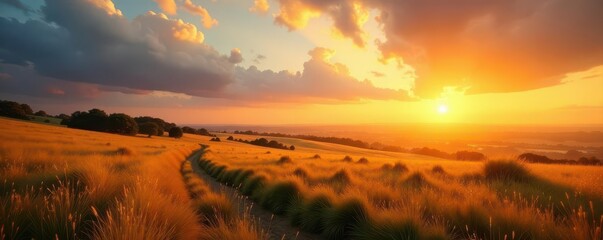 Fototapeta premium Golden sunrise paints vast grassland, majestic horizon , expansive, element