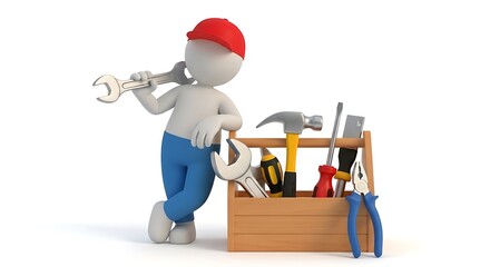 3d character handyman with tools and toolbox on white background