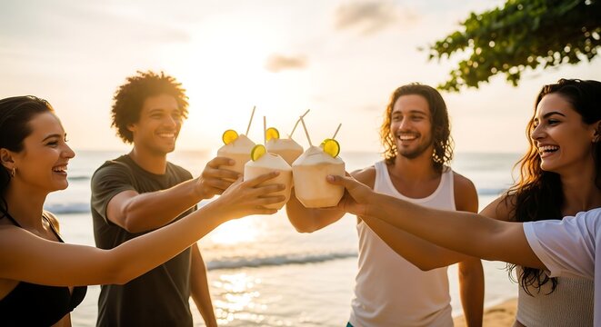 Vibrant Diverse Friends Toasting Fresh Coconut Drinks at Golden Hour Beach Party - Powered by Adobe
