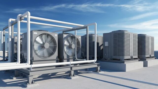 Row Of Gray Commercial Hvac Units On A Flat Rooftop Against A Blue Sky