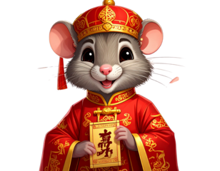Playful Zodiac Rat Wearing Red Lunar Festival Outfit, isolated transparent background png