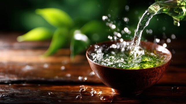 An invigorating scene of fresh green tea being poured into a bowl, capturing the essence of relaxation, tranquility, and the soothing experience of enjoying nature's elixir.