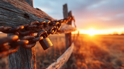 A close-up of a rusty padlock secured to a chain-link fence captures the essence of confinement and security against the backdrop of a vibrant sunset.