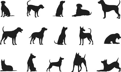 Dog silhouette collection, black dog clipart set, pet animal poses, canine vector illustration, various dog breeds, sitting, standing, playful