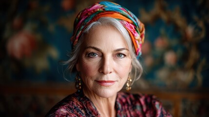 A captivating portrait of an elegant older woman, showcasing her wisdom and grace, adorned with a colorful scarf and intricate earrings against a rich floral backdrop.