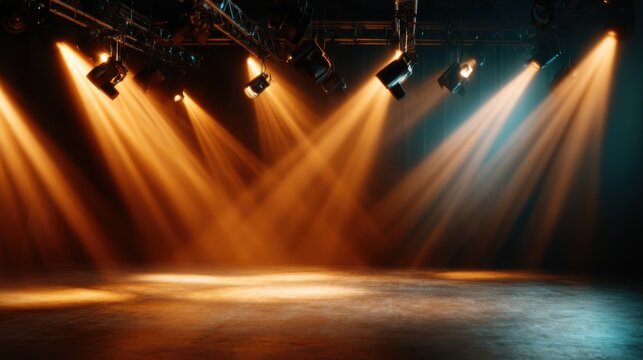 A dynamic theatrical stage awaits performance with dramatic lighting creating a captivating atmosphere, showcasing the artistic potential and excitement of live entertainment.