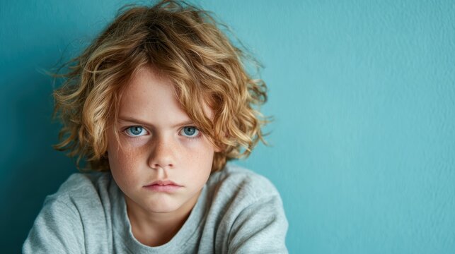 A thoughtful young boy with curly hair and freckles gazes directly at the camera, portraying a moment of introspection against a muted turquoise background.
