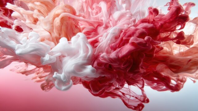 An energetic blend of red and white ink swirling together, creating a dynamic abstract composition that captivates and evokes emotion in a striking visual manner.