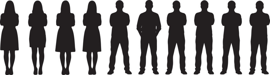 Silhouetted People: Diverse Group of Men and Women Standing with Arms Crossed, Black and White Stock Image, Crowd of Figures