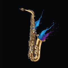 Obraz premium Isolated need kinds of Gold Saxophone with Blue and Purple Color Splash on Black Background vector whit background.